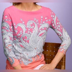 TALBOTS size SMALL, Pink, Navy Blue and Peach Paisley 3/4 length Sleeve Top